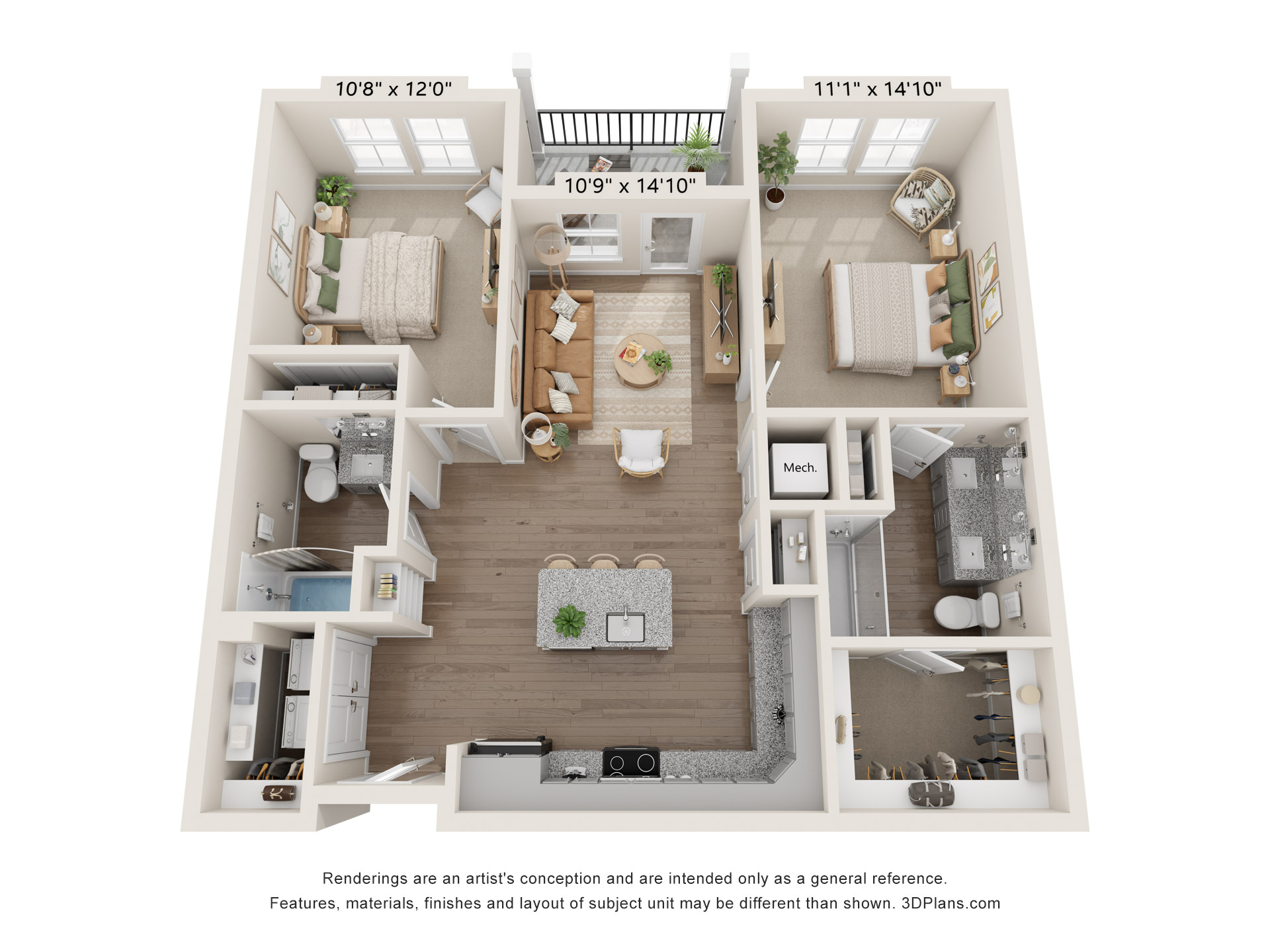 Floor plan for 2 beds, 2 baths, 986 sqft